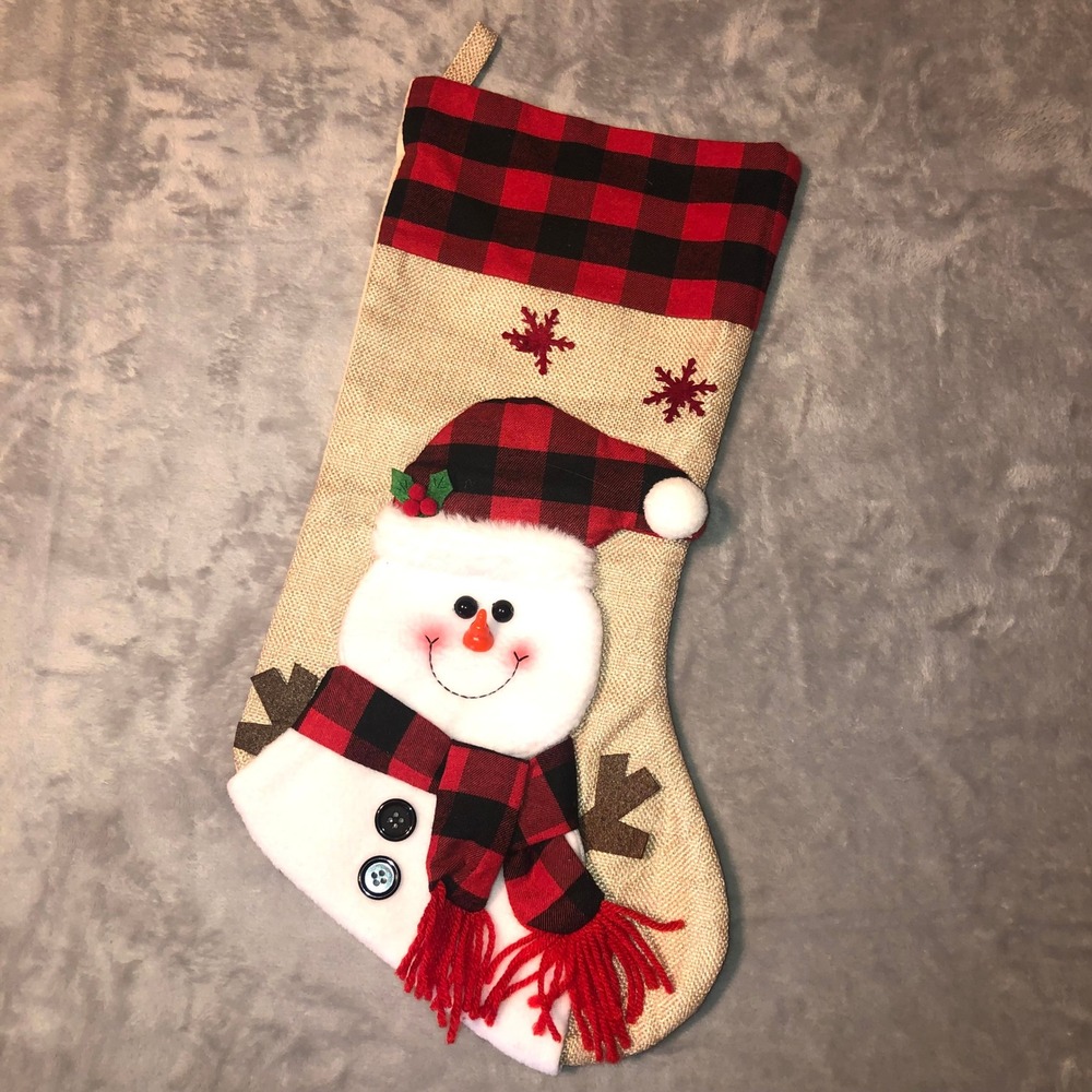 Snowman Christmas Stocking Buffalo Plaid Burlap Red Black Holiday Decor 18"‎